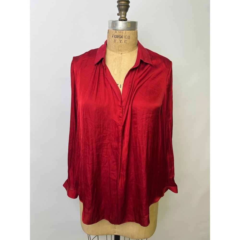 NIC+ZOE Womens Red Crinkle Satin Blouse Long Sleeve V-Neck Top Size Small